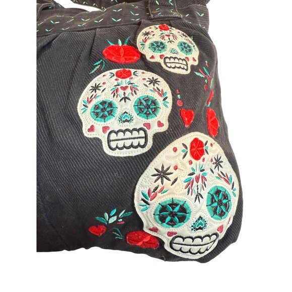 Loungefly Dia de los Muertos Sugar Skull Shoulder Tote Corduroy Bag Black - Picture 2 of 4